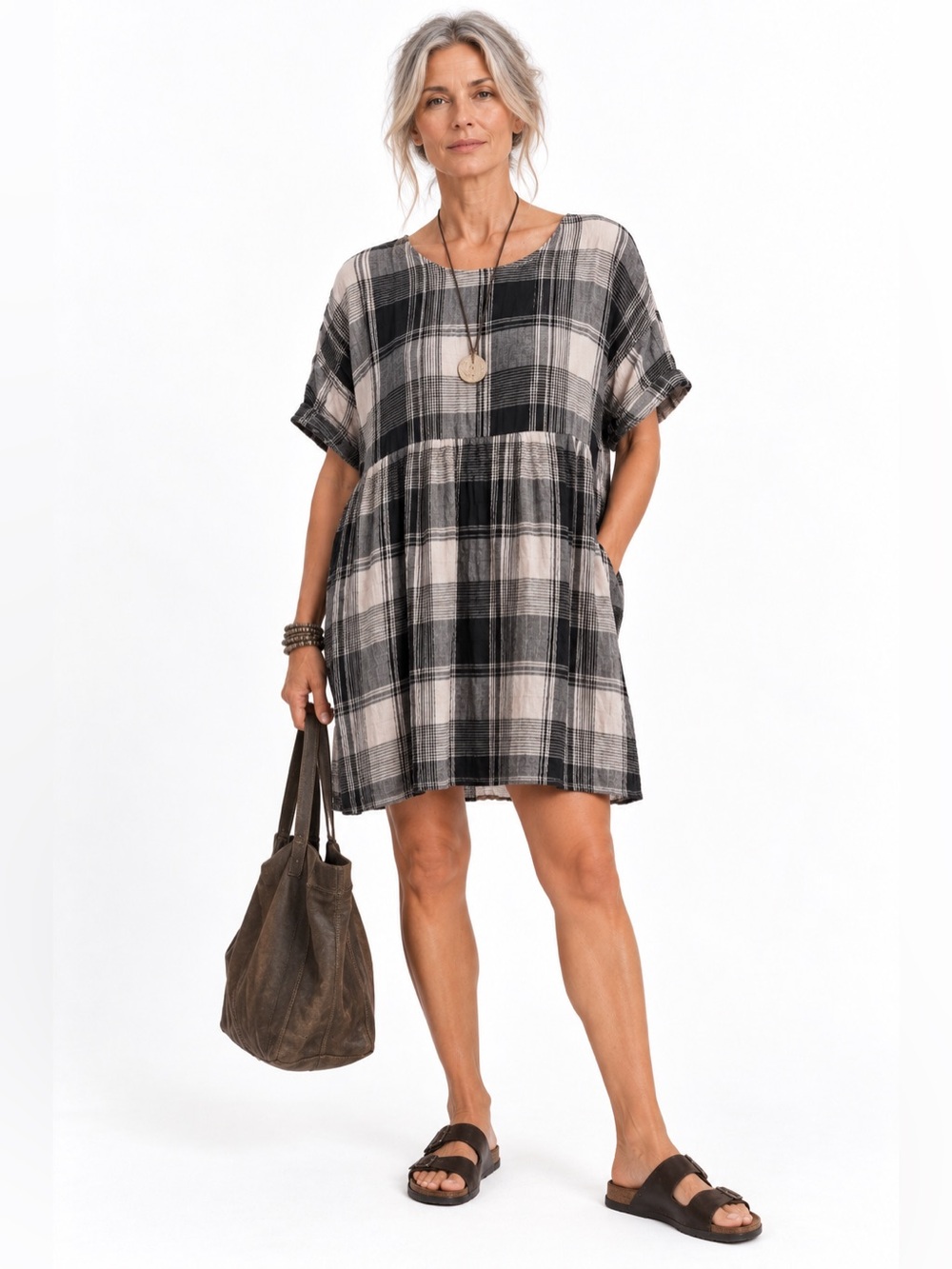 Samansa Mos2 Black Beige Plaid 100% Hemp Oversized Smock Dress Size Medium